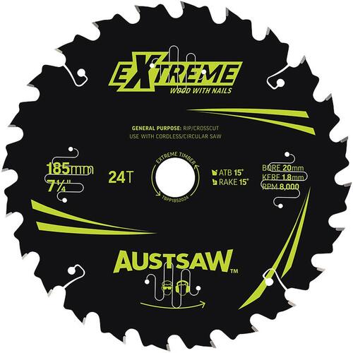Austsaw 185mm Extreme Wood W/ Nail Blade 20mm Bore 24 Teeth 20/Pack