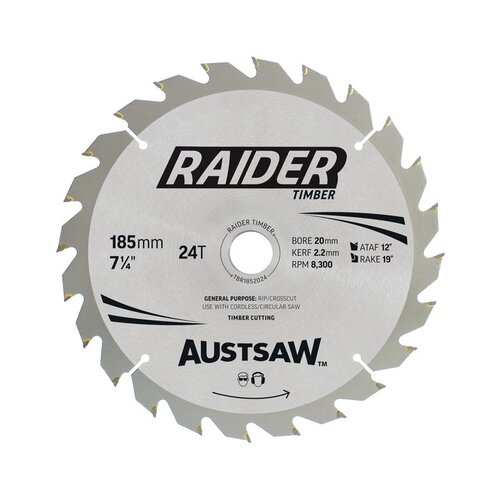Austsaw 185mm Raider Timber Blade 20/16mm Bore x 24 Teeth 3/Pack