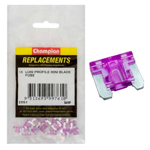 Champion C111-1 Low Profile Mini Fuse 3 Amp (Blade Micro Fuse) - 15/Pack