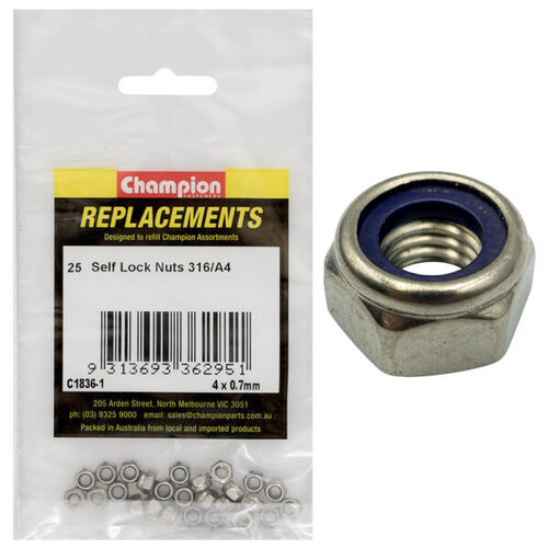 Champion C1836-1 Self Locking Hex Nut M4 x 0.7mm - 316/A4 - 25/Pack