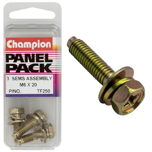 Champion Sems Assembly Combo Flat/Spring Washer Pilot M6 x 20mm - Box of 9 (3 Packs of 3)