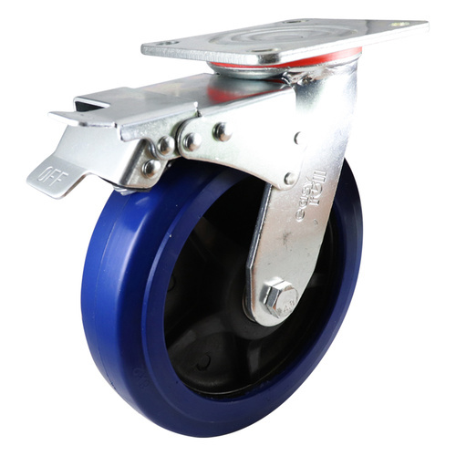 200mm Swivel Plate Castor with Brake - Rubber Wheel Blue J3