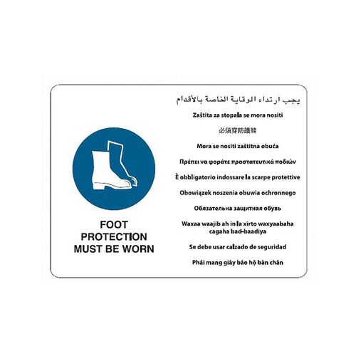Brady Multilingual Sign - Foot Protection Must Be Worn 600 x 450mm Metal