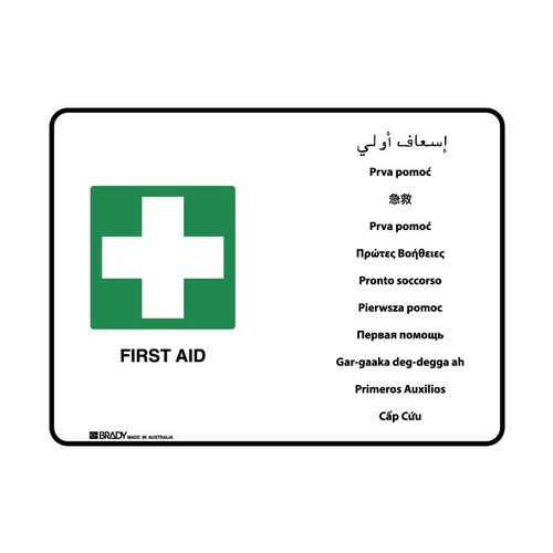 Brady Multilingual Sign - First Aid 600 x 450mm Metal