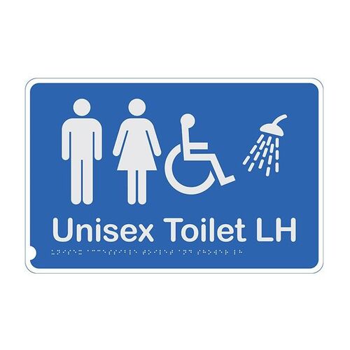 Premium Braille Sign - Unisex Toilet & Shower LH 190 x 300mm Anodised Al