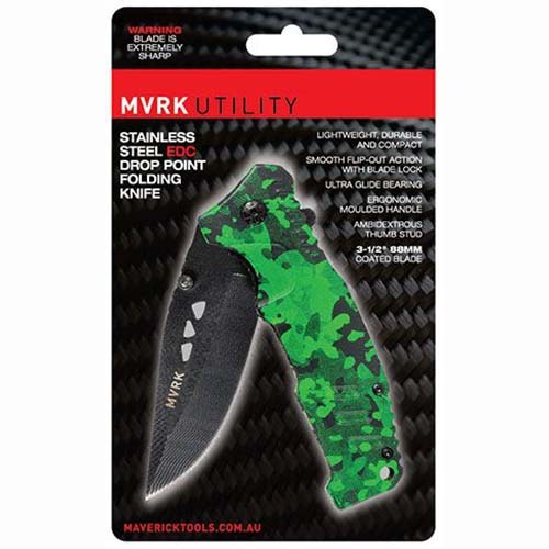MVRK Camo Stainless Steel Drop Point Folding Knife Green/Black