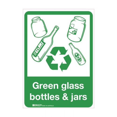 Brady Recycling Sign - Green Glass Bottle & Jars 300 x 225mm Polypropylene