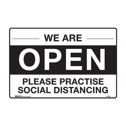 We Are Open Please Practise Social Distancing 250 x 180mm Self Adhesive Vinyl