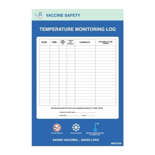 Vaccine Temperature Monitoring Log Magnetic Vinyl 450 x 300mm Magnetic Vinyl
