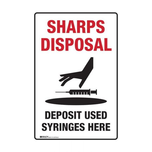Sharps Disposal Sign - Deposit Used Syringes Here 250 x 180mm Self Adhesive Vinyl