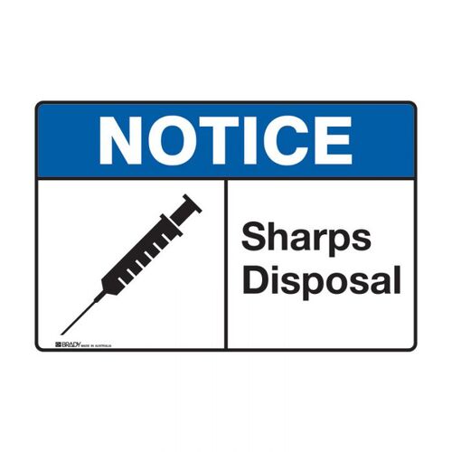 Notice Sign - Sharps Disposal 250 x 180mm Self Adhesive Vinyl