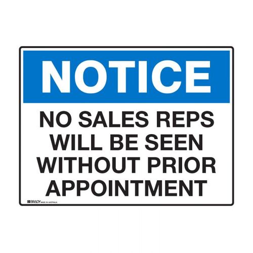 Notice Sign - No Sales Reps Will Be Seen Without Prior Appointment 250 x 180mm Sticker
