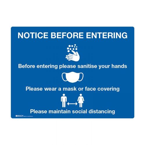 Notice Before Entering Sign - Sanitise, Mask, Social Distancing 250 x 180mm Sticker
