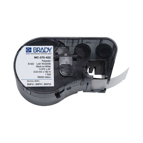 Brady MC-375-422 B-422 Continuous Polyester Label Black on White 9.53mm x 7.6m