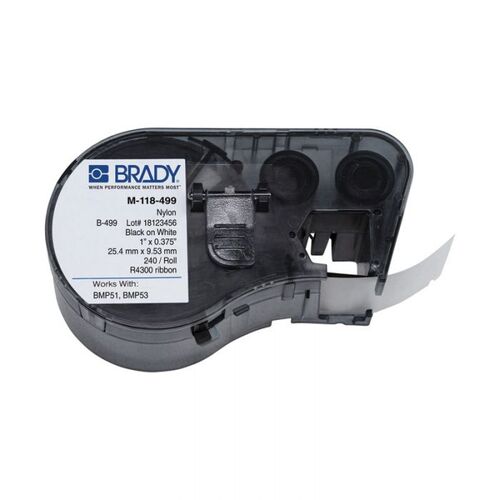 Brady M-118-499 B-499 Nylon Cloth Label Black on White 9.53 x 25.4mm, 9.53mm Dia.