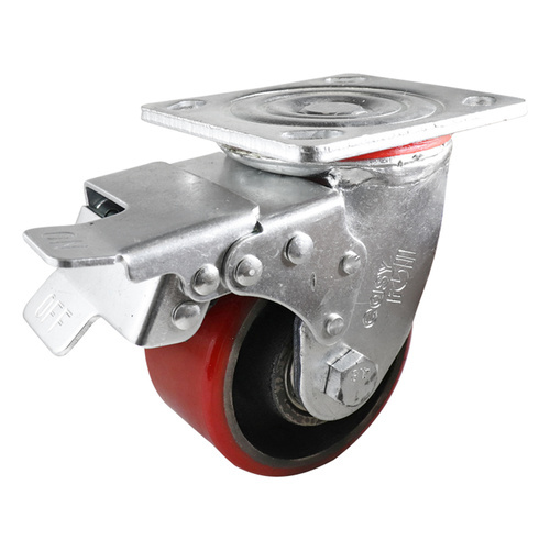 EasyRoll 100mm Red Urethane on Cast Iron Swivel Plate Brake Castor