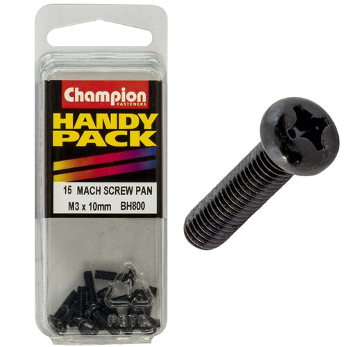 Champion Black Machine Screw Pan Phillips M3 x 10mm Zinc Plated - Box of 75 (5 Packs of 15)