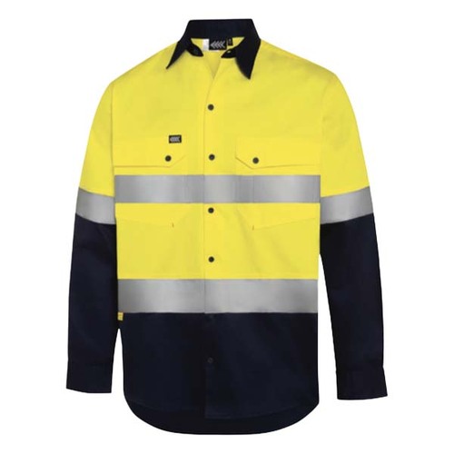 Boomerang Mens Hi-Vis Button-Up Shirt W/ Reflective Tape, Yellow/Navy - Large