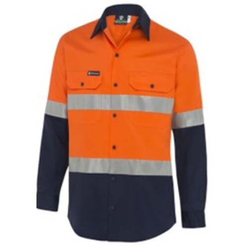 Boomerang Mens Hi-Vis Button-Up Shirt W/ Reflective Tape, Orange/Navy - Medium