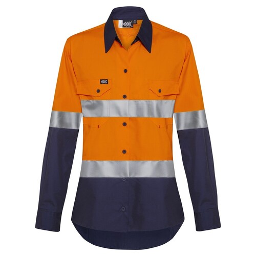 Boomerang Ladies Hi-Vis Cotton Ripstop Shirt Orange/Navy, Size 6
