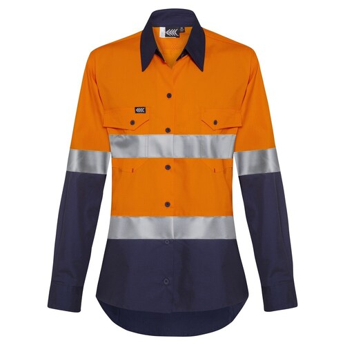 Boomerang Ladies Hi-Vis Cotton Ripstop Shirt Orange/Navy, Size 20
