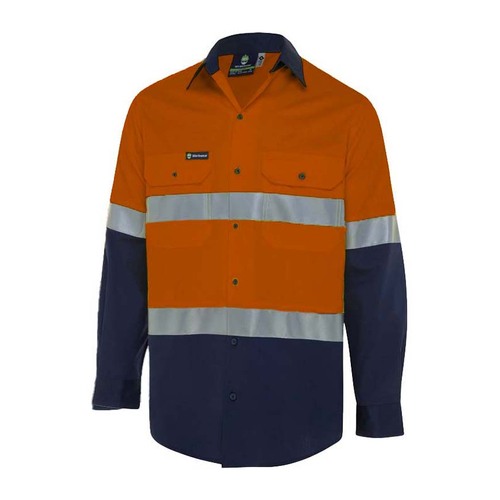 WS Workwear Horizontal Vented Mens Hi-Vis Button-Up Shirt Orange/Navy XXS