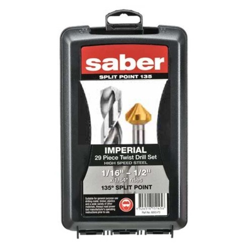 Saber 8003-F3-C17 29 Piece 1/16-1/2" HSS Bright Finish Jobber Drill Set Bonus 20mm Countersink