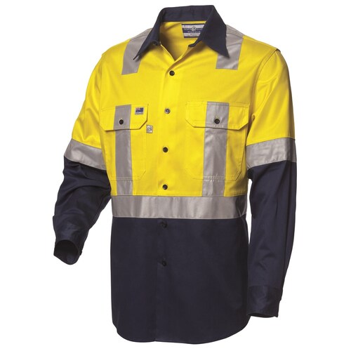 WS Workwear Koolflow Mens Hi-Vis Button-Up Shirt W/ H-Reflective Tape Yellow/Navy Small
