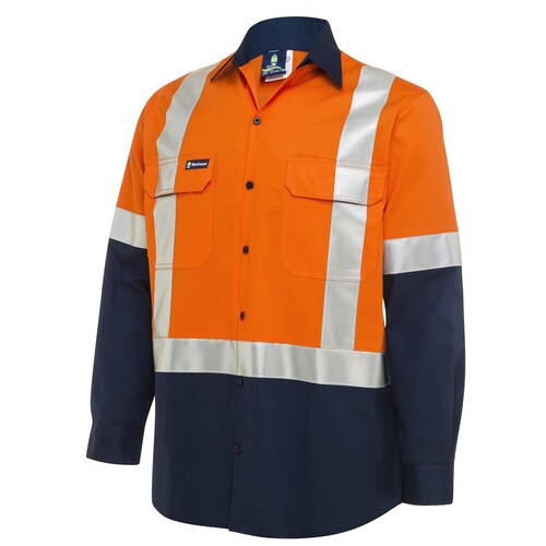 WS Workwear Koolflow Mens Hi-Vis Button-Up Shirt W/ H-Reflective Tape Orange/Navy Medium