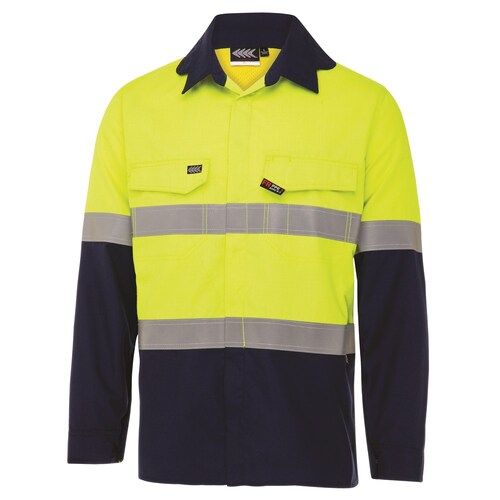 Boomerang Mens Hi-Vis FR Button-Up Shirt W/ Reflective Tape PPE1 Lime/Navy Small