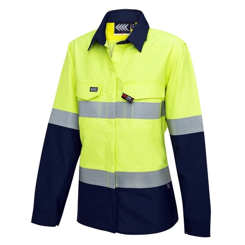 Boomerang Womens Hi-Vis FR Button-Up Shirt W/ Reflective Tape PPE1 Lime/Navy Size 10