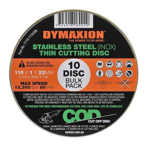 Dymaxion Stainless STeel (INOX) Thin Cutting Disc 115 x 1 x 22mm - 10/Pack