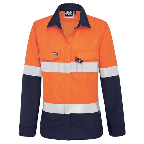 Boomerang Women Hi-Vis FR Button-Up Shirt W/ Reflective Tape PPE1 Orange/Navy, Size 20