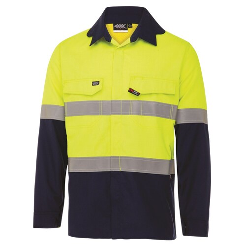 Boomerang Mens Hi-Vis FR Button-Up Shirt W/ Reflective Tape PPE1 Lime/Navy XL