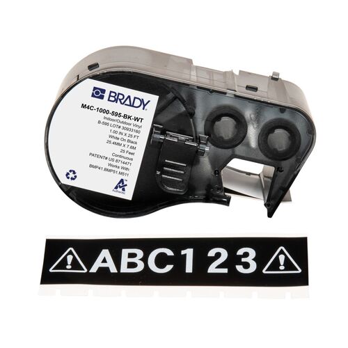 Brady M4C-1000-595-BK-WT All Weather Permanent Adhesive Vinyl Label - 25.4mm x 7.6m, White On Black