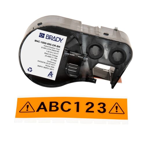 Brady M4C-1000-595-OR-BK All Weather Permanent Adhesive Vinyl Label - 25.4mm x 7.6m, Black On Orange