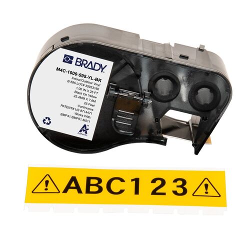 Brady M4C-1000-595-YL-BK All Weather Permanent Adhesive Vinyl Label - 25.4mm x 7.6m, Black On Yellow