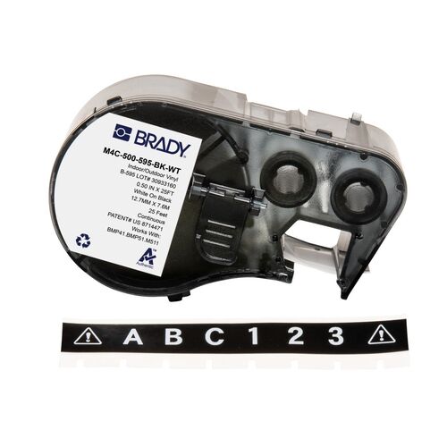 Brady M4C-500-595-BK-WT All Weather Permanent Adhesive Vinyl Label - 12.7mm x 7.6m, White On Black