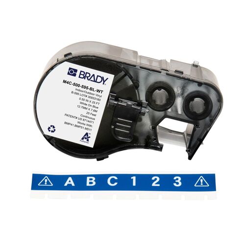 Brady M4C-500-595-BL-WT All Weather Permanent Adhesive Vinyl Label - 12.7mm x 7.6m, White On Blue