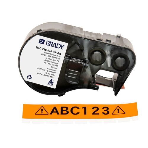 Brady M4C-750-595-OR-BK All Weather Permanent Adhesive Vinyl Label - 19.05mm x 7.6m, Black On Orange