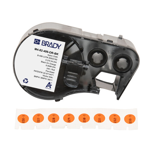 Brady Aggressive Adhesive Multi-Purpose Nylon Label 9.53mm Dia., Black On Orange