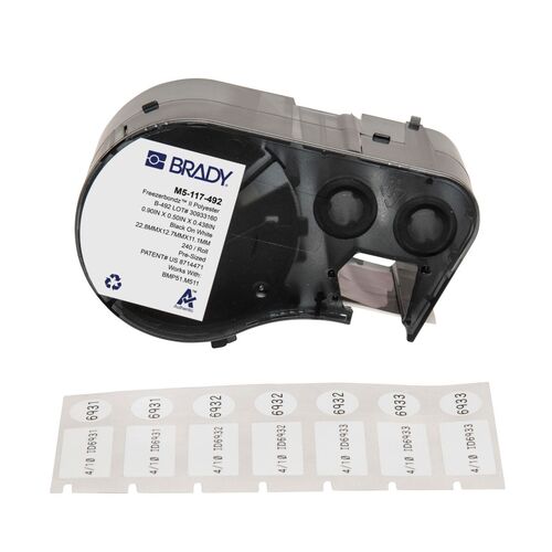 Brady FreezerBondz Ultra-Thin Cryogenic Polyester Label 22.86 x 12.70mm, 11.18mm Dia., Black On White