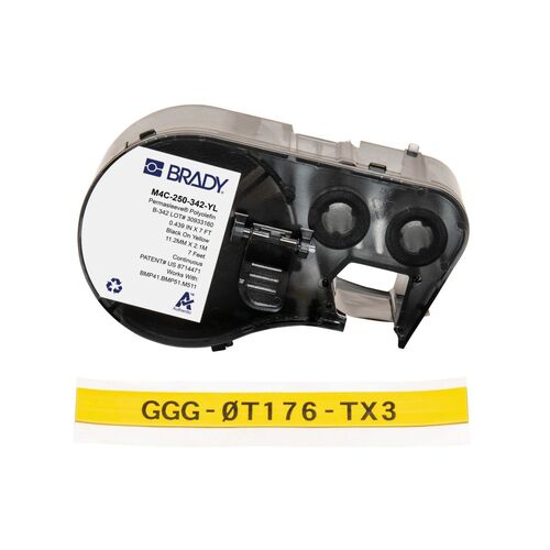 Brady M4C-250-342-YL PermaSleeve Heat-Shrink Label Polyolefin 11.15mm x 2.13m, Black On Yellow