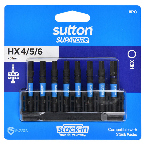 Sutton S206S08B 50mm Stack-In Hex Screwdriver Bit Set S206 Supatorq, 8 Pcs